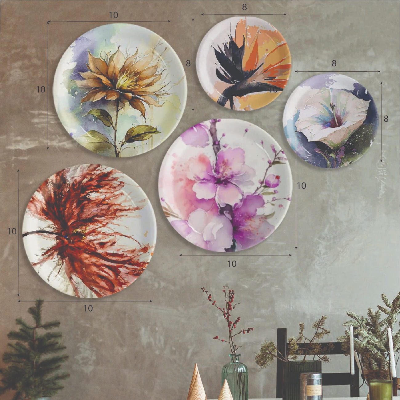 English Style Flower Wall Plates Sets of 5