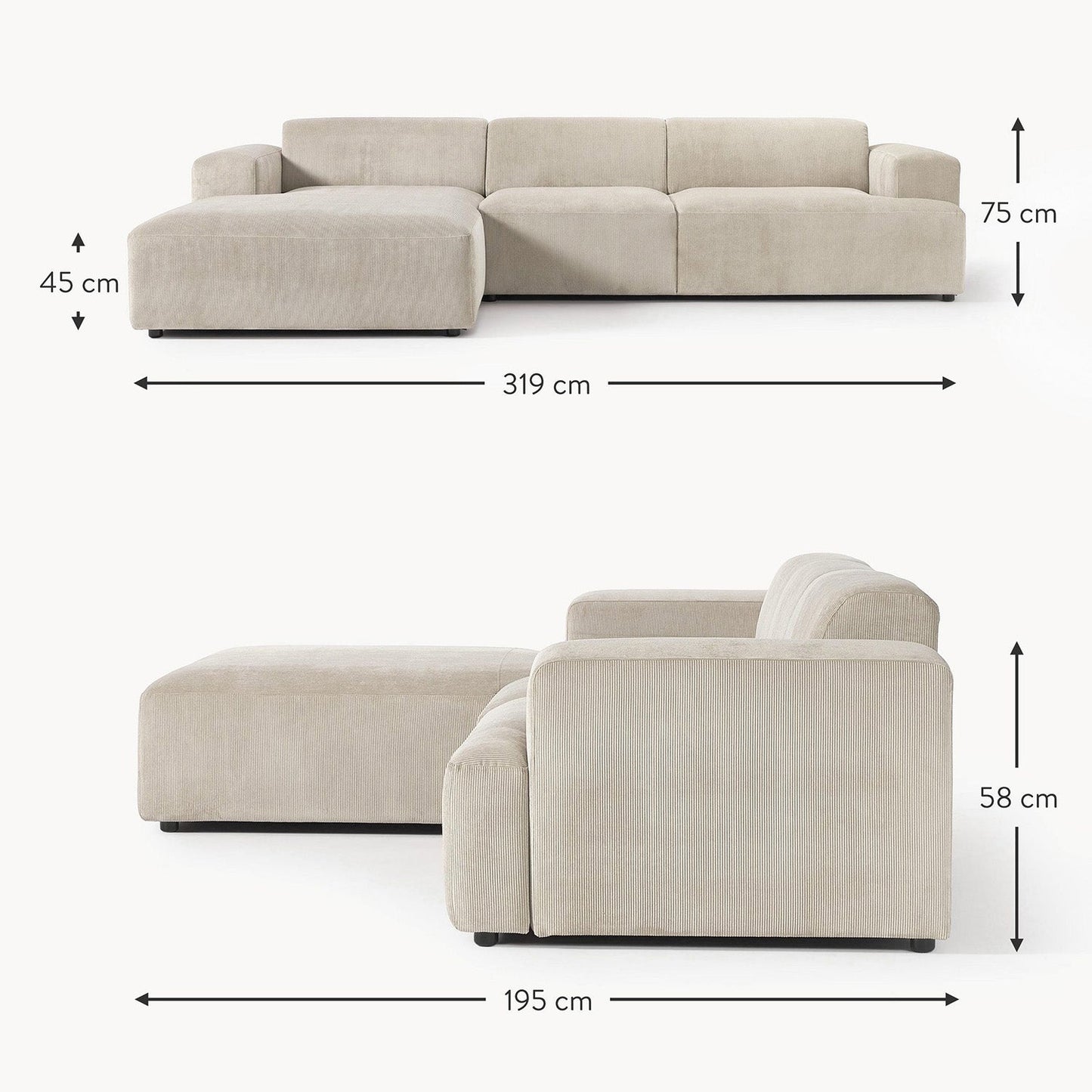 Sophisticated Comfort Corduroy 3 Seater L Shaped Sofa