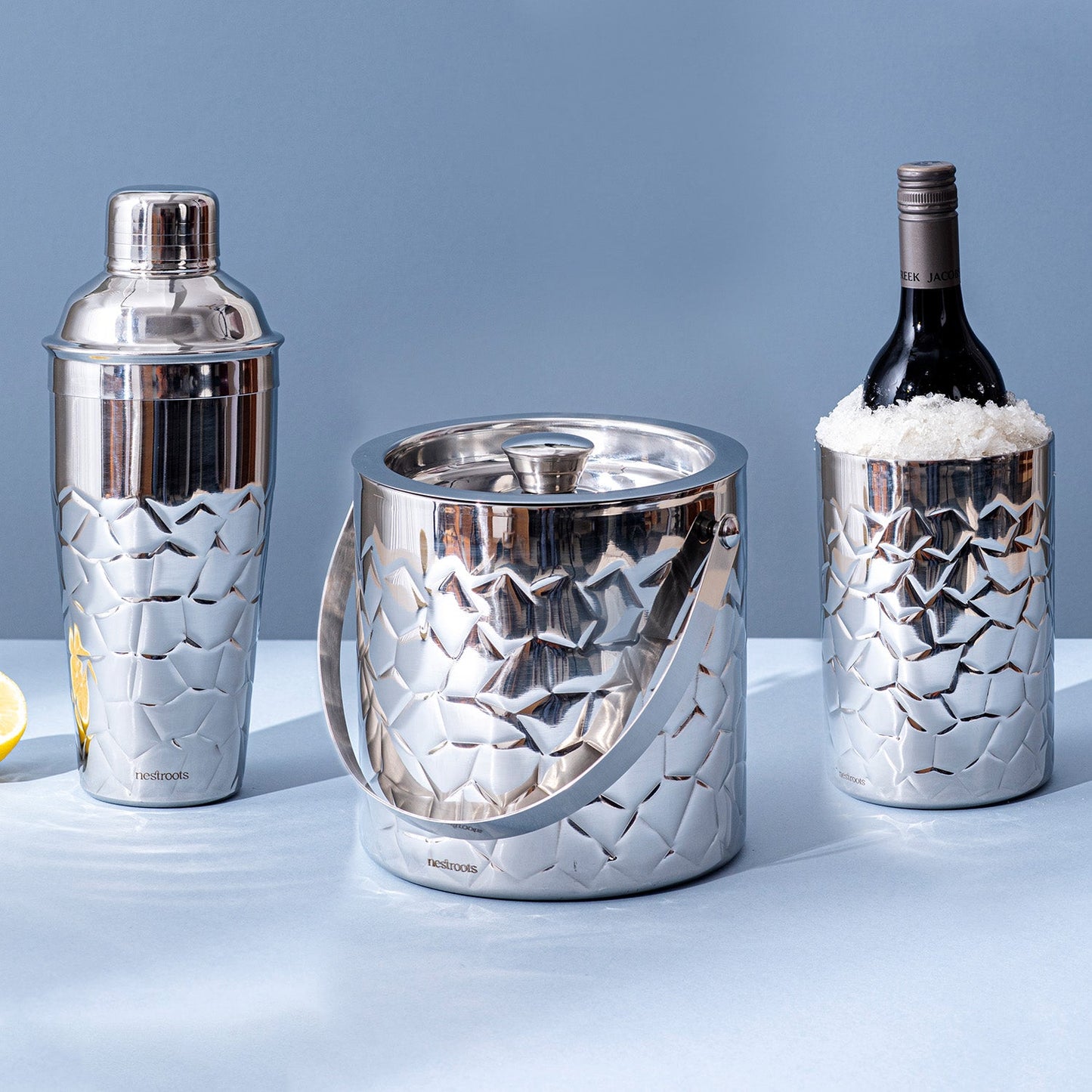 Exquisite Hammered Wine and Cocktail Set - Shaker, Wine Cooler, Ice Bucket Set of 3