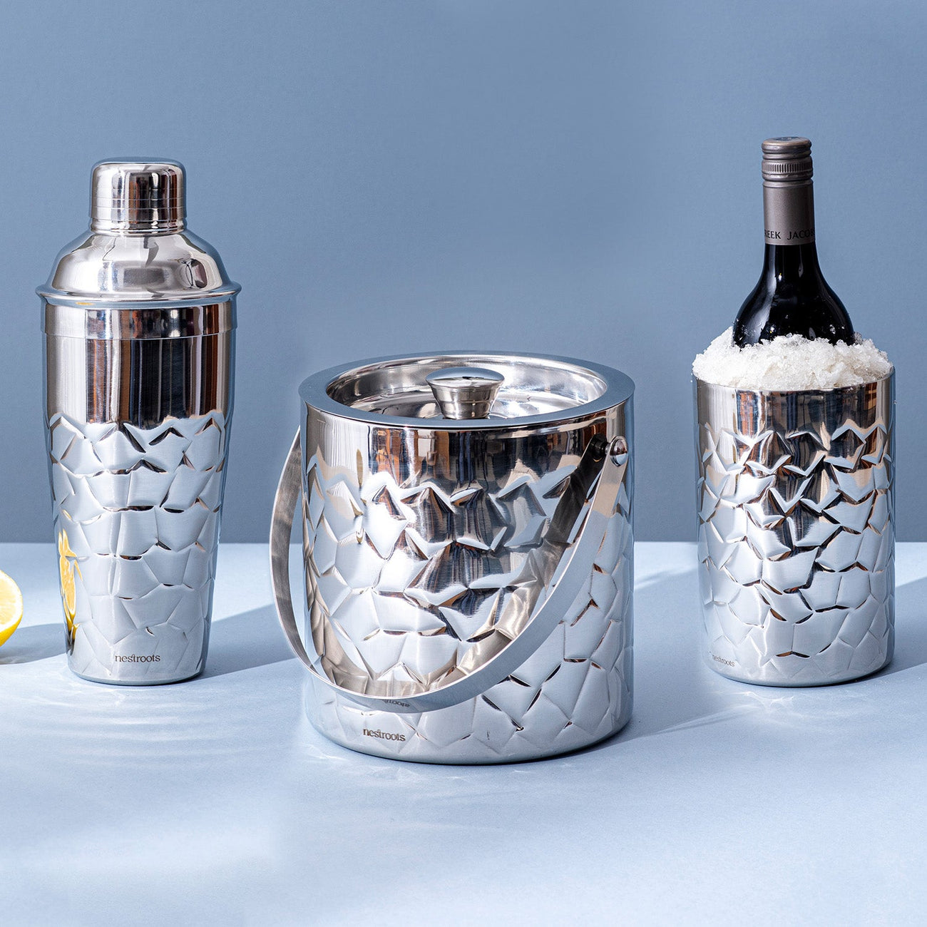 Exquisite Hammered Wine and Cocktail Set - Shaker, Wine Cooler, Ice Bucket Set of 3