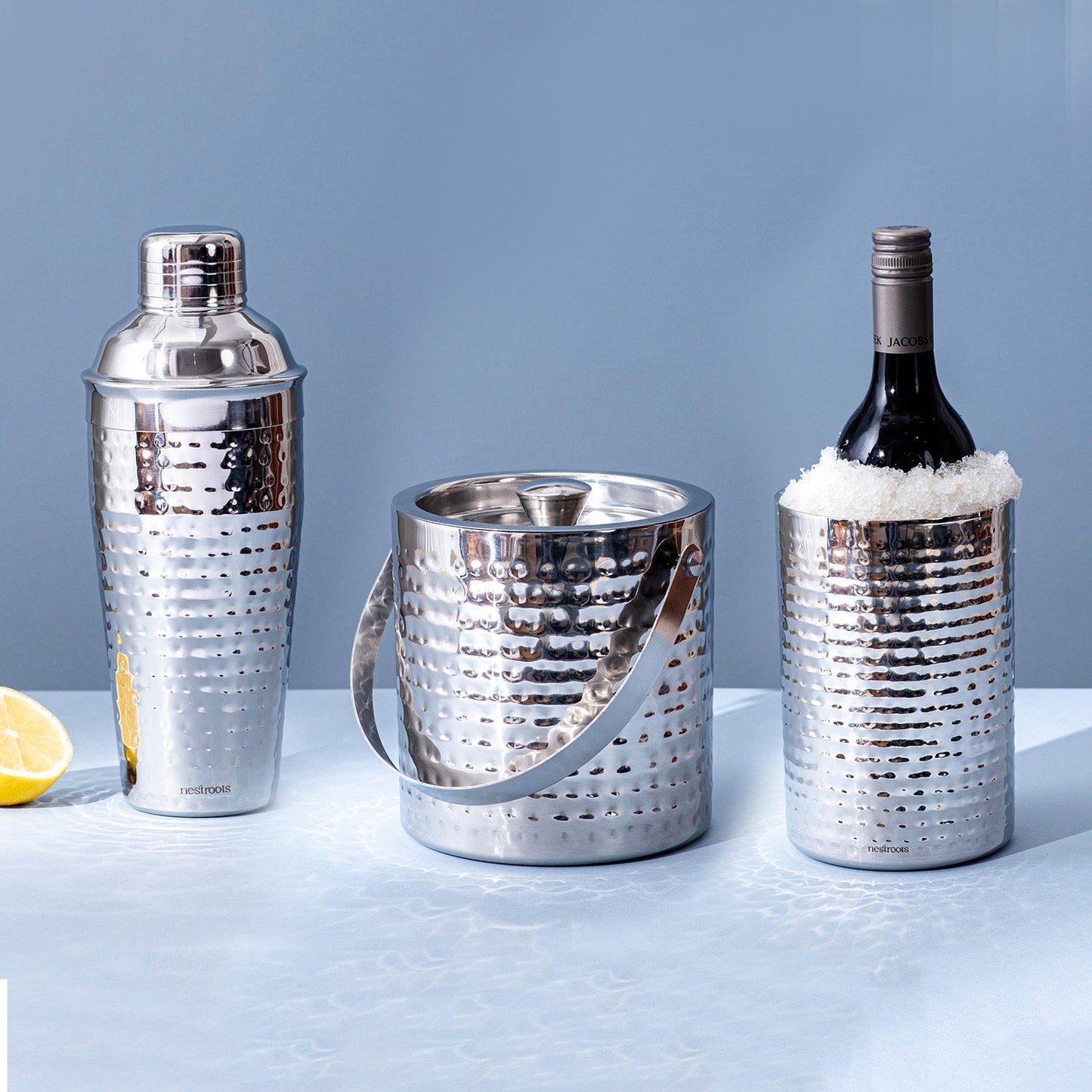 Exquisite Hammered Wine and Cocktail Set - Shaker, Wine Cooler, Ice Bucket Set of 3