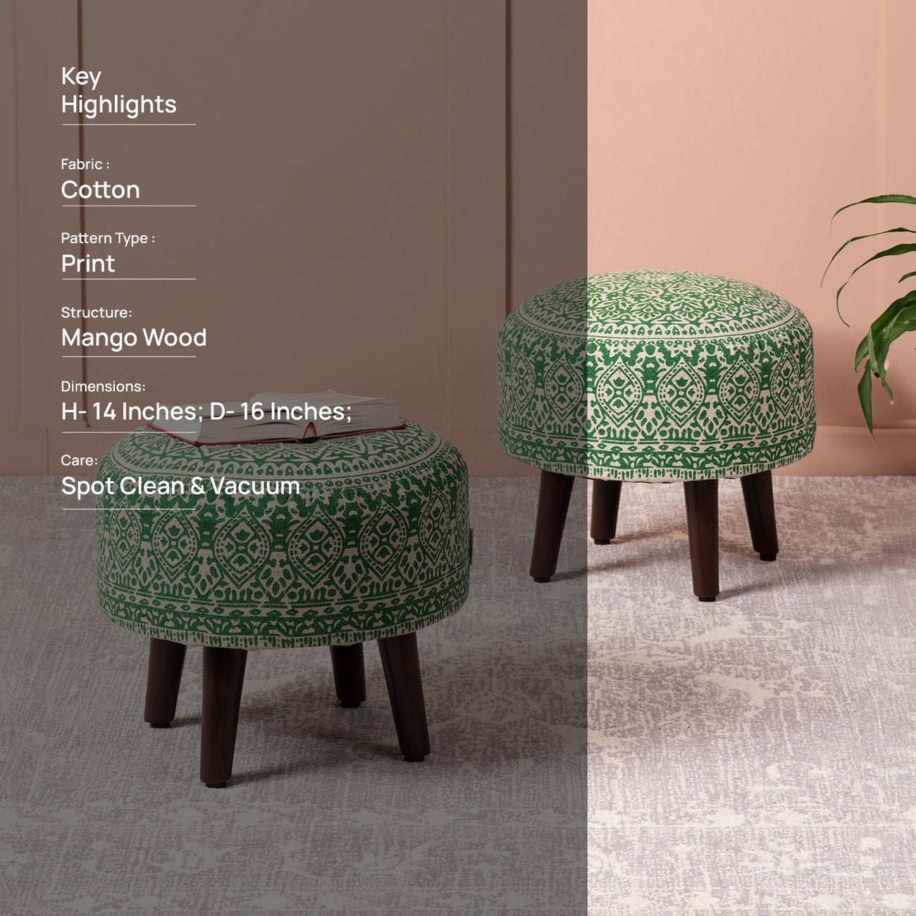 Mandala Fabric Wooden Ottomans 14″