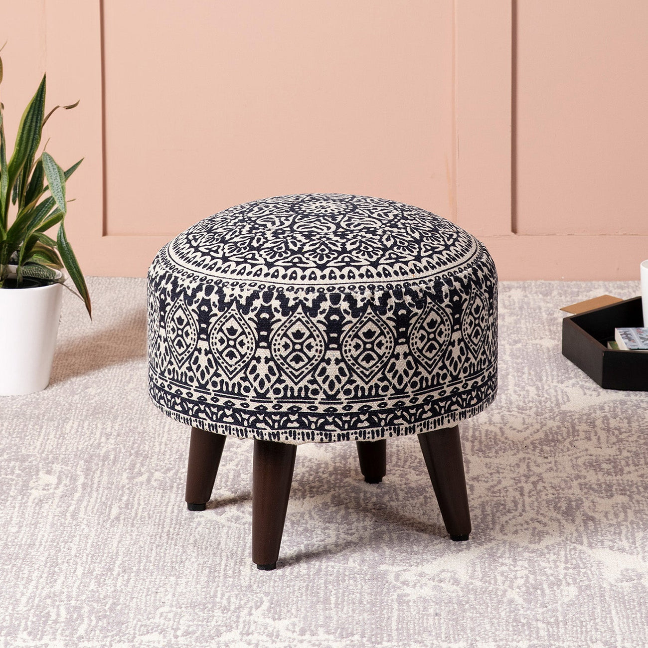 Mandala Fabric Wooden Ottomans 14″