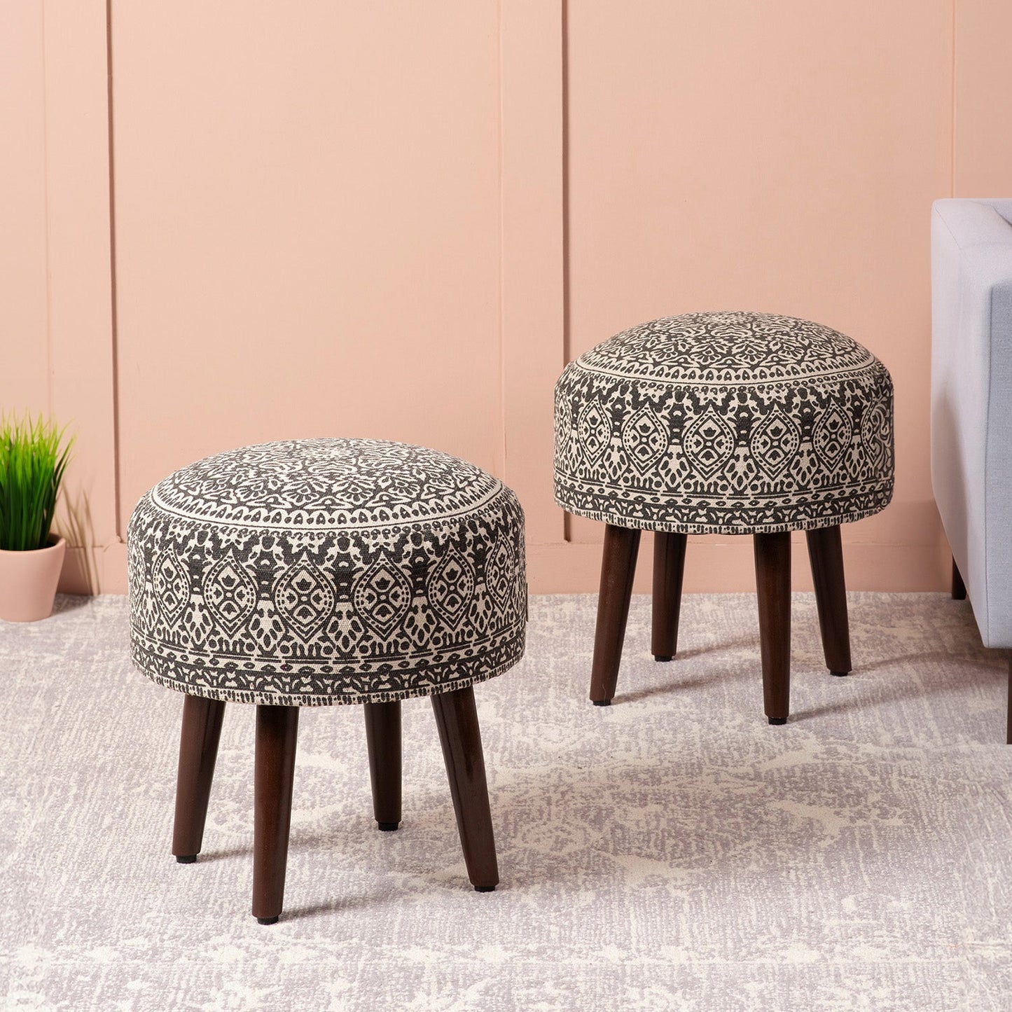 Nestroots Botanic Fabric Wooden Ottomans 17"