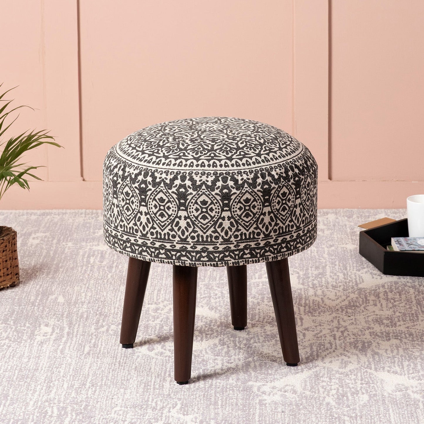 Nestroots Botanic Fabric Wooden Ottomans 17"