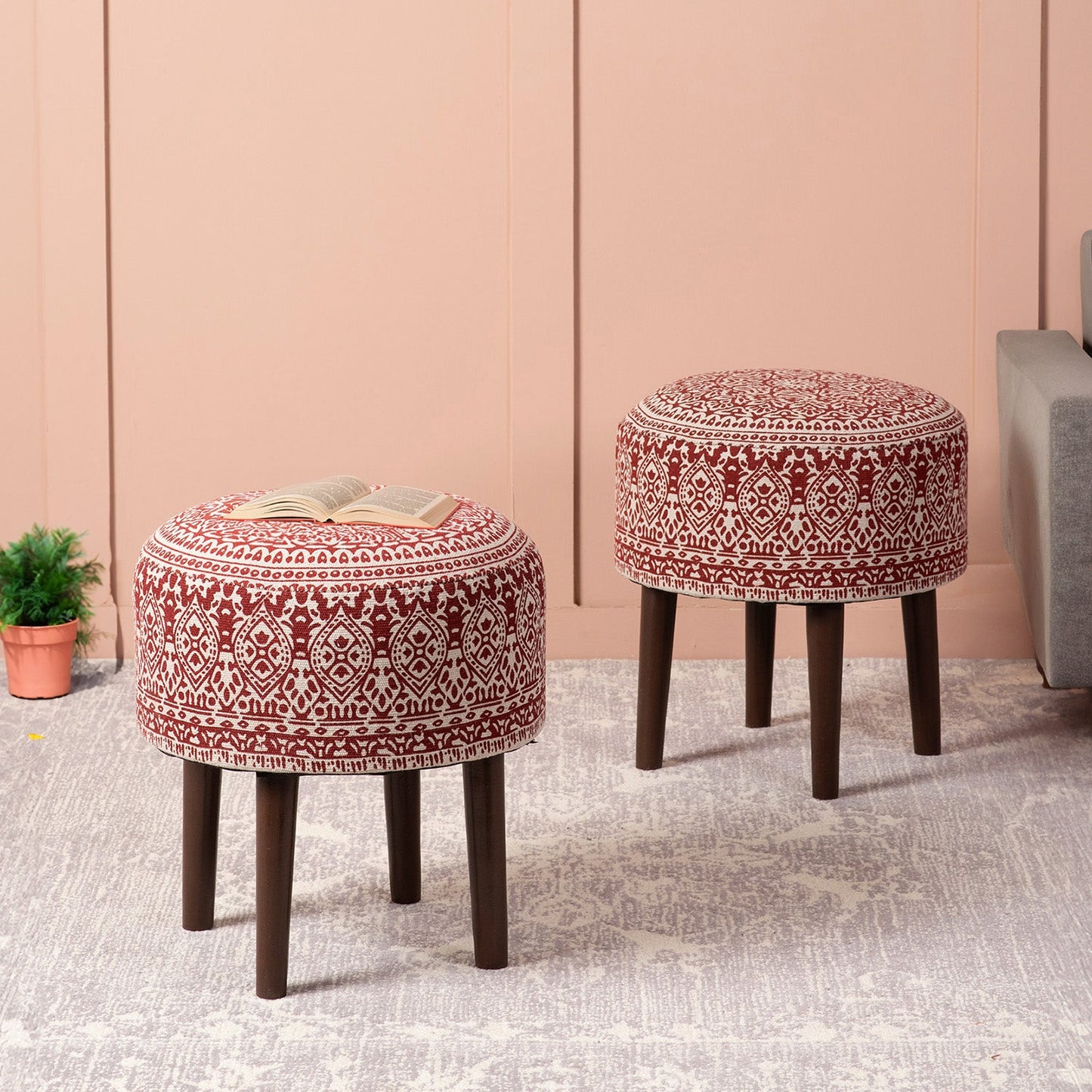 Nestroots Botanic Fabric Wooden Ottomans 17"