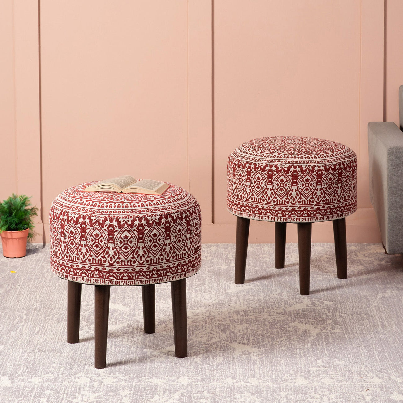 Nestroots Botanic Fabric Wooden Ottomans 17"