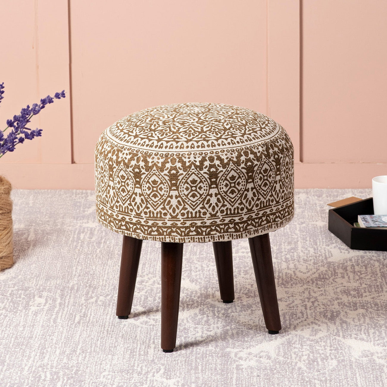 Nestroots Botanic Fabric Wooden Ottomans 17"