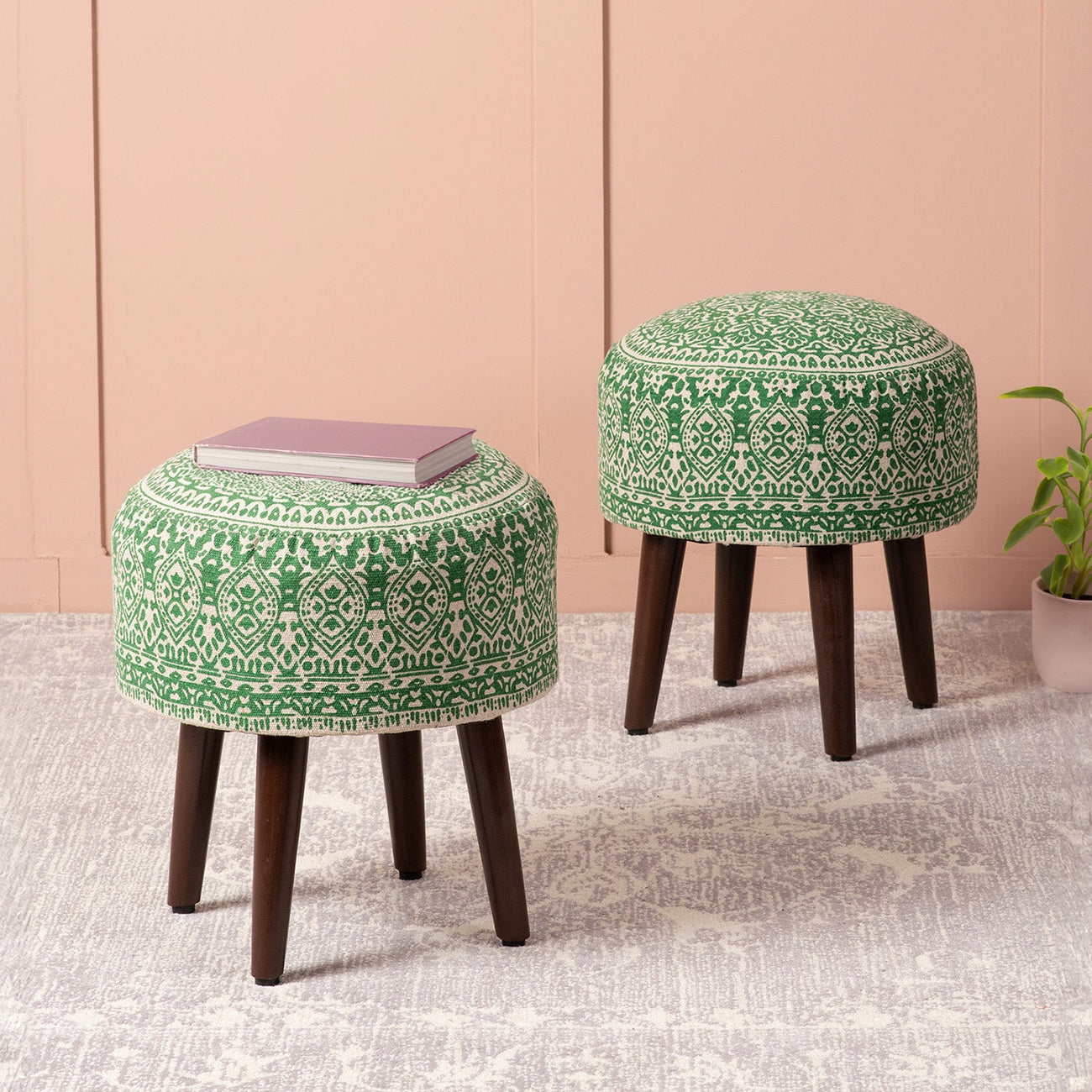 Nestroots Botanic Fabric Wooden Ottomans 17"