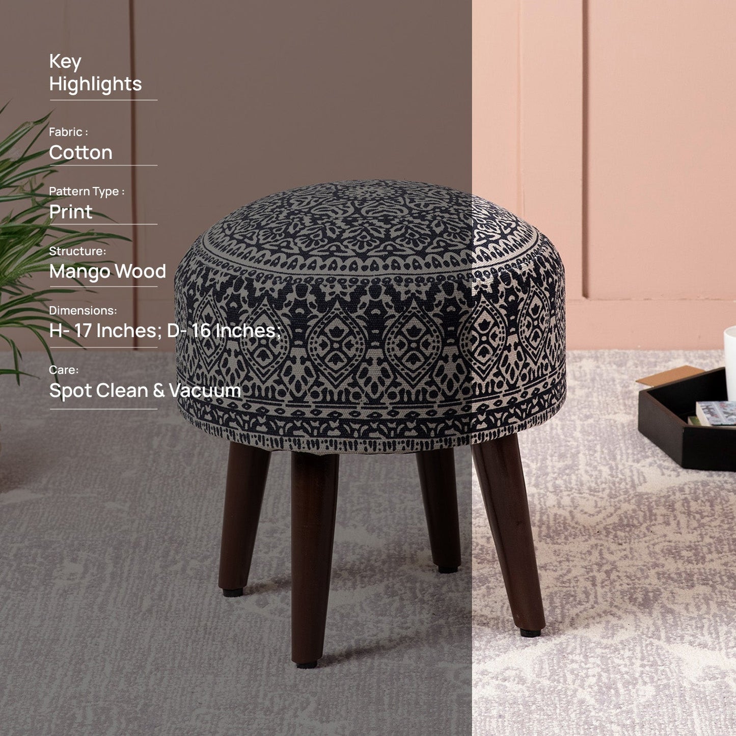 Nestroots Botanic Fabric Wooden Ottomans 17"