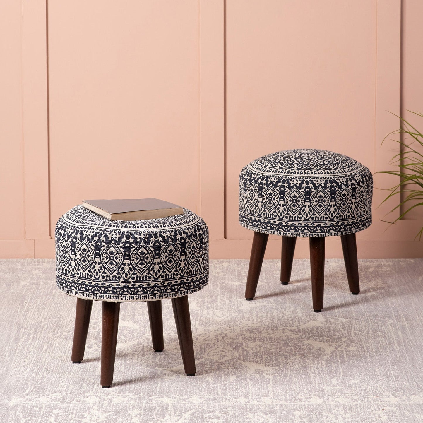 Nestroots Botanic Fabric Wooden Ottomans 17"