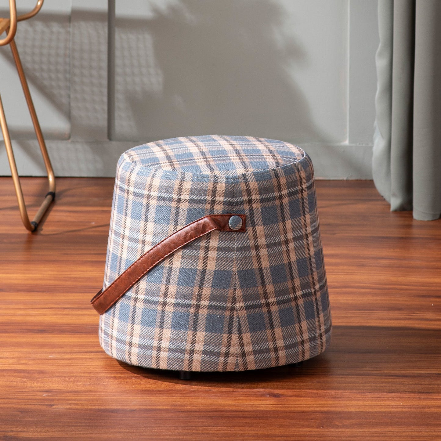 Hoist Collection Houndstooth Poufs With Faux Leather Strap