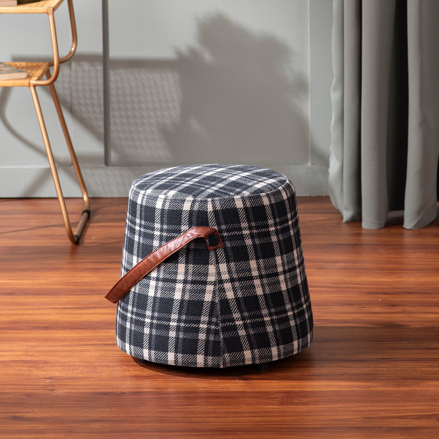 Hoist Collection Houndstooth Poufs With Faux Leather Strap
