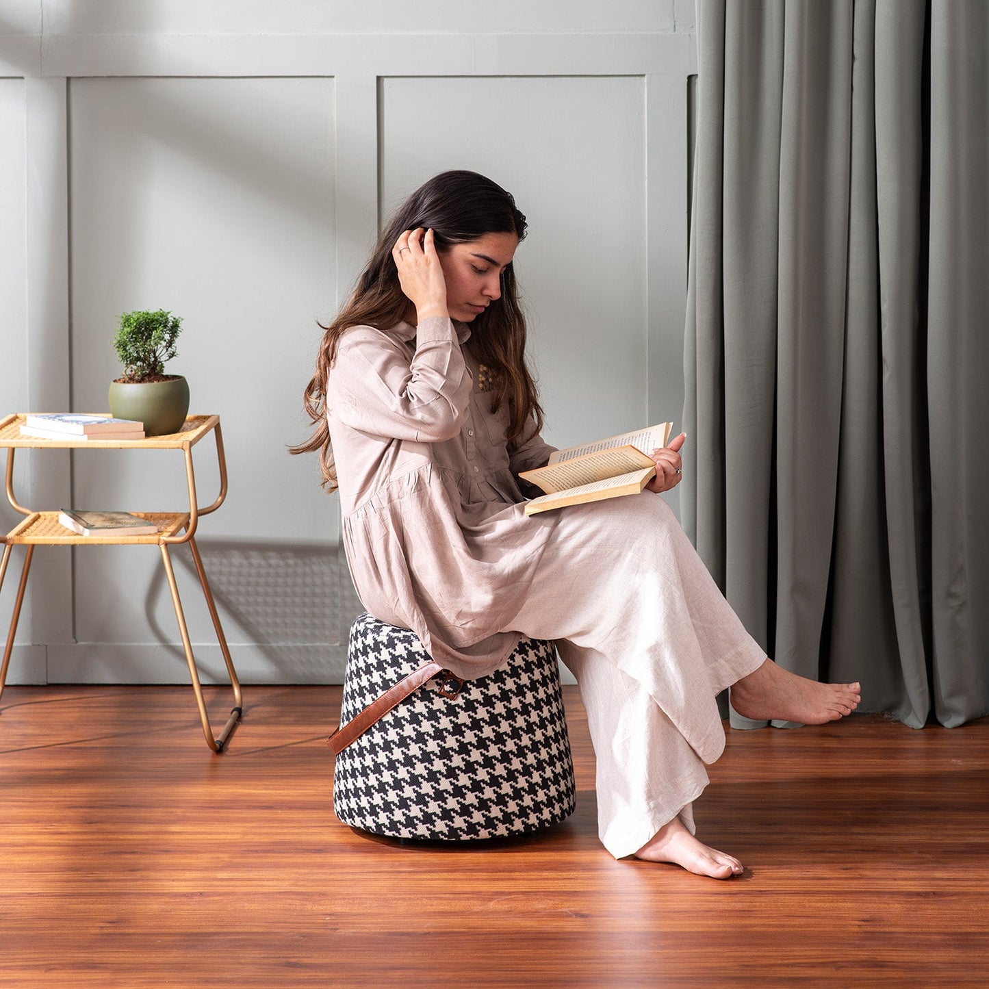 Hoist Collection Houndstooth Poufs With Faux Leather Strap