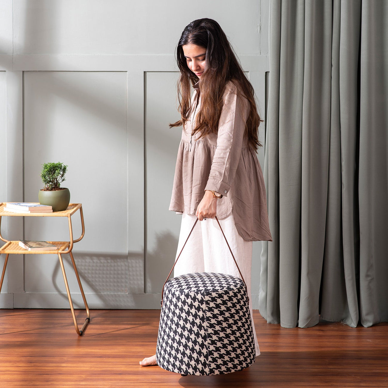 Hoist Collection Houndstooth Poufs With Faux Leather Strap