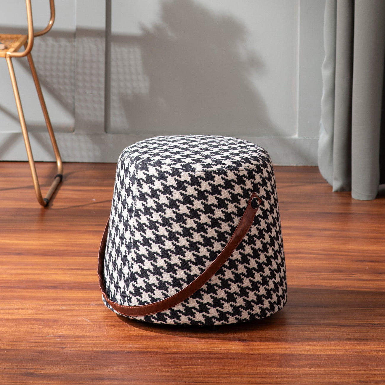 Hoist Collection Houndstooth Poufs With Faux Leather Strap
