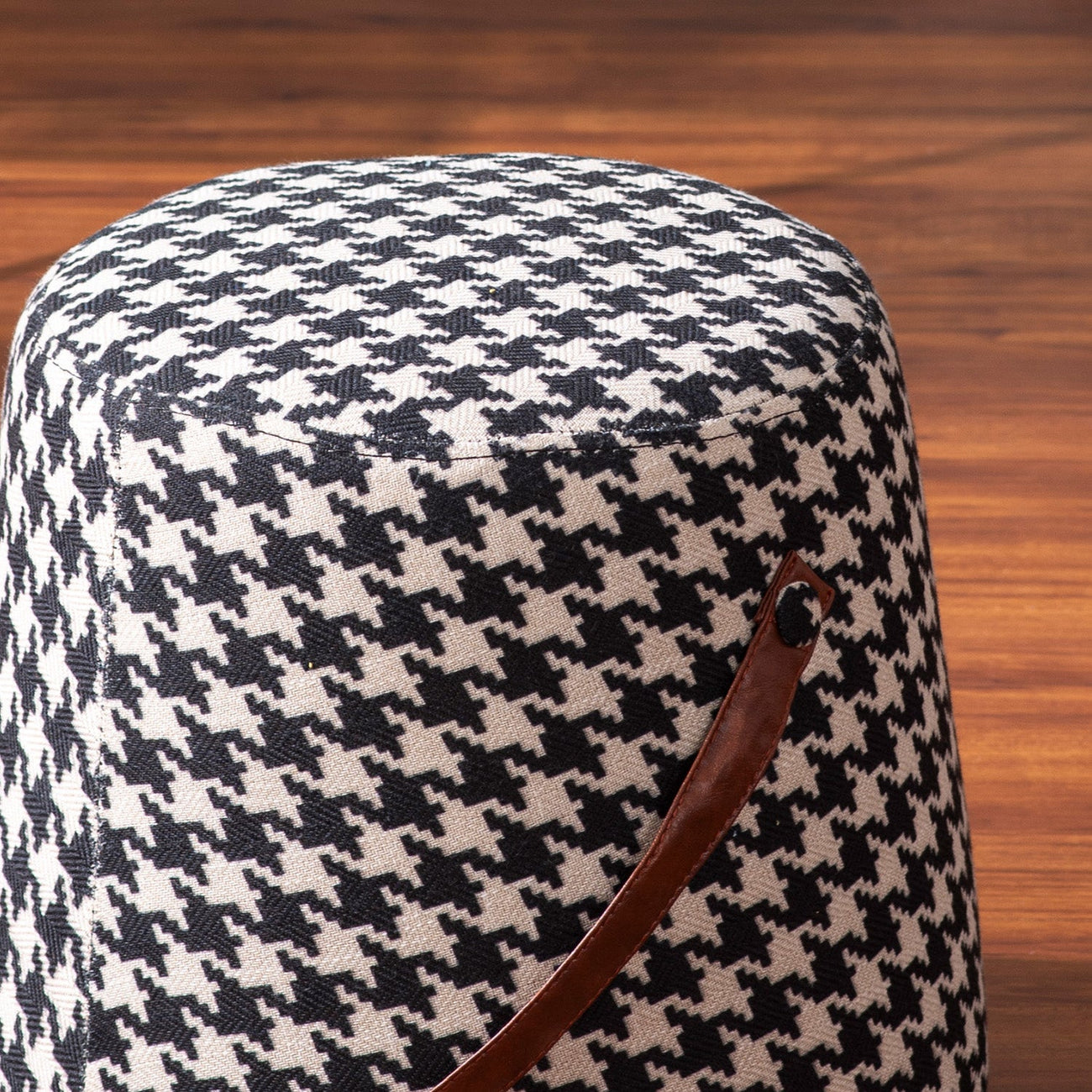 Hoist Collection Houndstooth Poufs With Faux Leather Strap