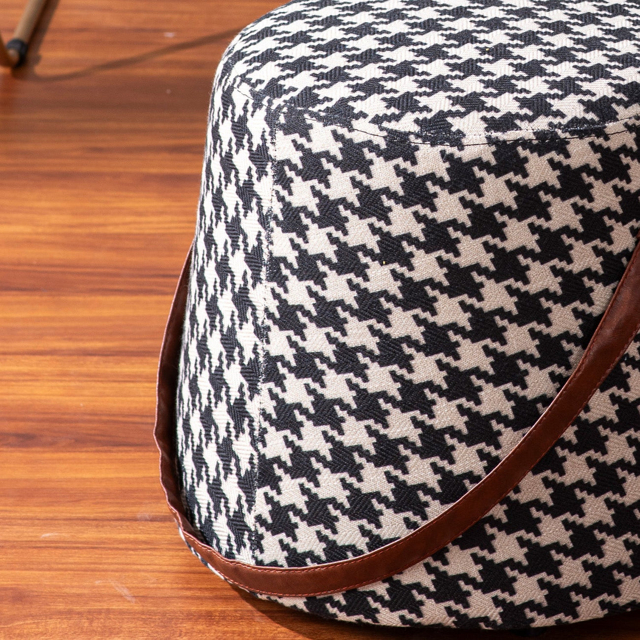 Hoist Collection Houndstooth Poufs With Faux Leather Strap