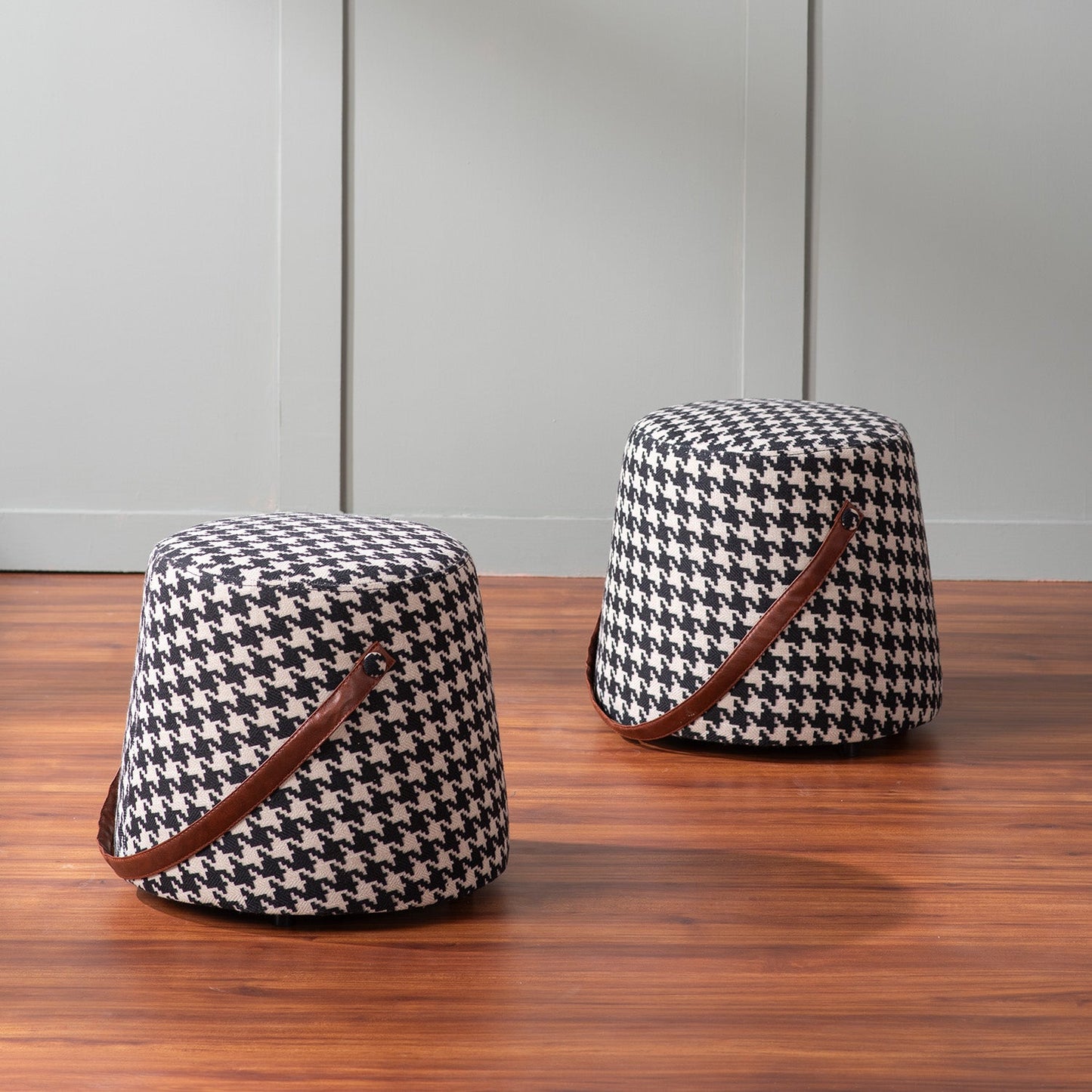 Hoist Collection Houndstooth Poufs With Faux Leather Strap