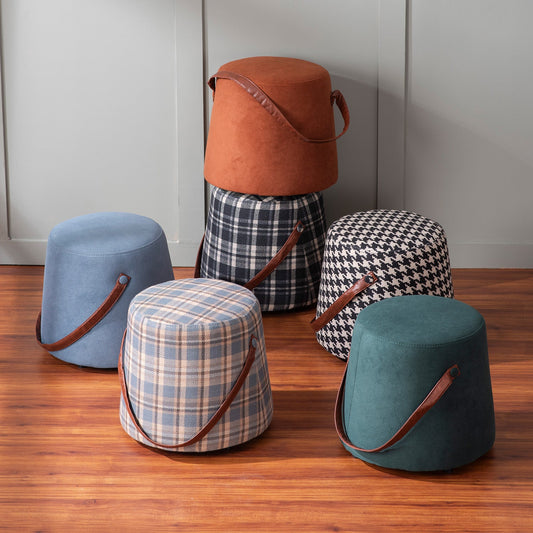 Hoist Collection Houndstooth Poufs With Faux Leather Strap