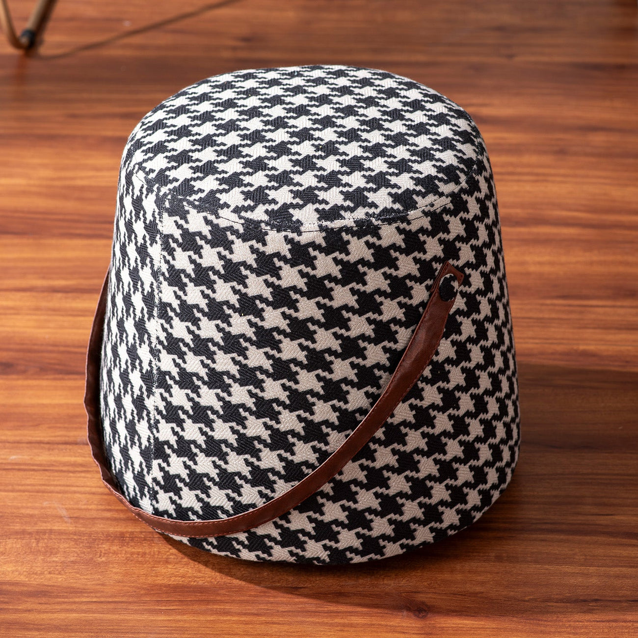Hoist Collection Houndstooth Poufs With Faux Leather Strap