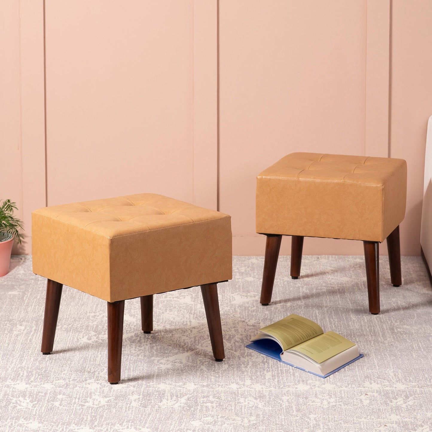 Axel Faux Leather Tufted Wooden Stools