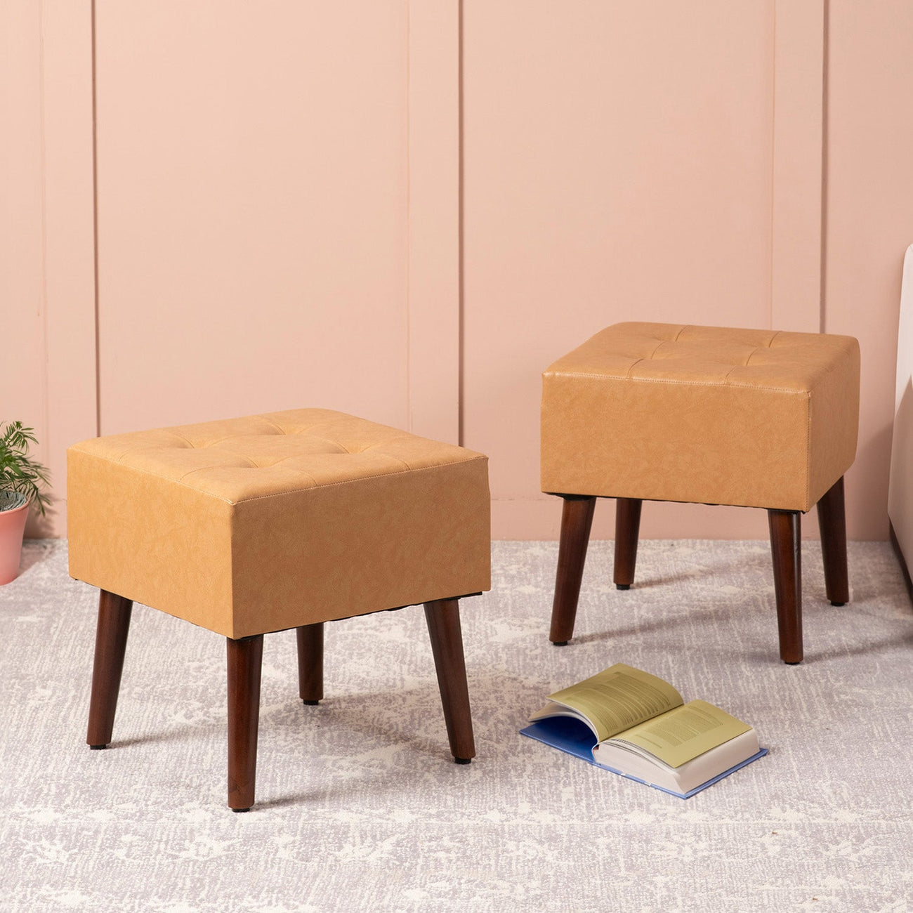 Axel Faux Leather Tufted Wooden Stools