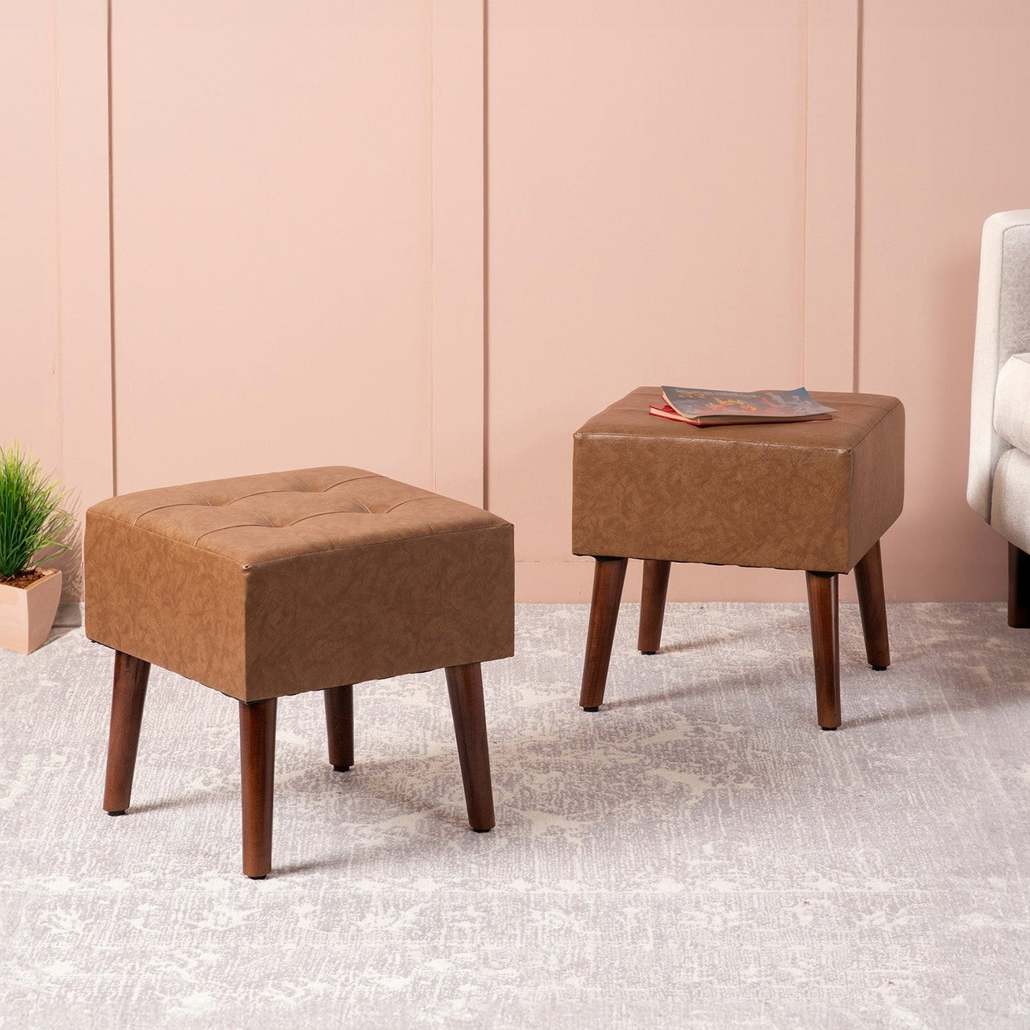 Axel Faux Leather Tufted Wooden Stools
